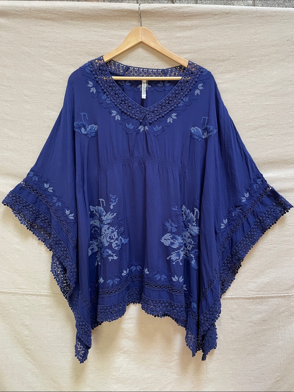 Embroidered V-Neck Tunic Top in Deep Blue